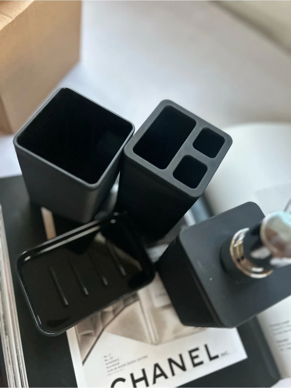 Black Ribbed Bathroom Accessory Set - 4 Piece